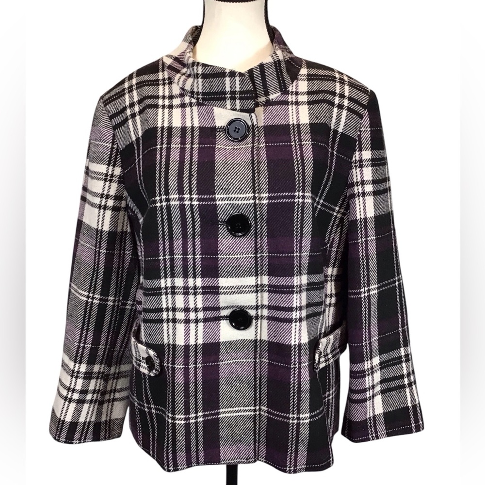 Trenz Womens Plaid Peacoat Size XL Button Up Collarless Jacket Purple Twee Retro